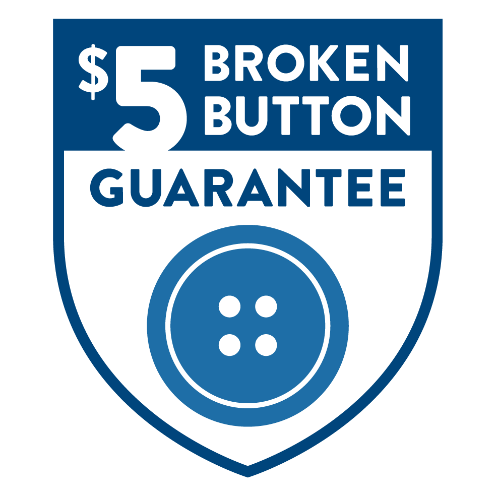 Blue emblem with a button icon and text: "$5 Broken Button Guarantee.