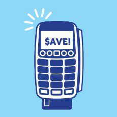 Illustration of a payment terminal showing a screen with the text "$AVE!" on a blue background.