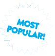 A burst-shaped, blue outline graphic with the words "MOST POPULAR!" in bold blue text.