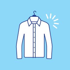 Illustration of a white button-down shirt on a hanger against a blue background with a starburst graphic.