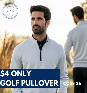 A man wearing a light gray golf pullover stands outdoors; another man in a similar pullover faces away. Text reads: "$4 Only Golf Pullover, Code 26.
