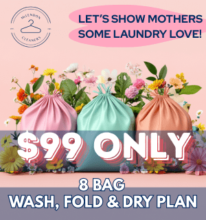 Three pastel laundry bags with flowers and a $99 laundry plan offer for wash, fold, and dry service. Text: “Let’s show mothers some laundry love! 8 bag wash, fold & dry plan.”.