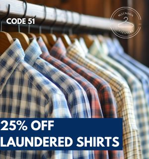 Several plaid shirts are displayed on hangers. A promotion sign reads "25% off laundered shirts" with a discount code "CODE 51" shown in the top left corner.