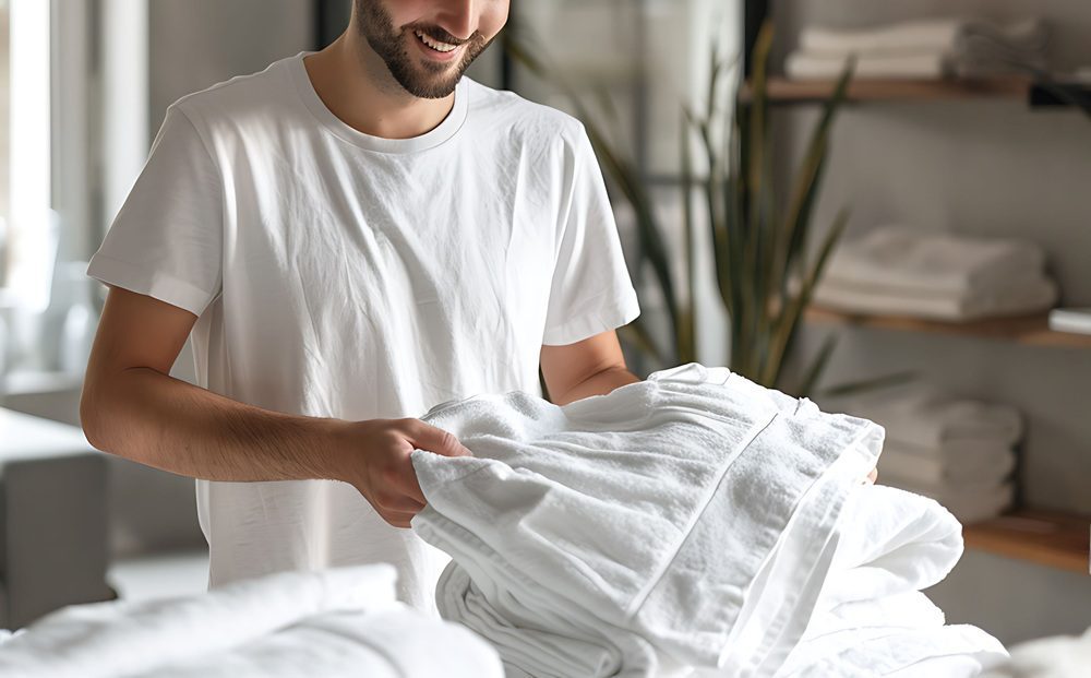 A person in a white t-shirt holds a stack of folded white towels in a room with shelves of towels and plants in the background.