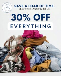 A pile of mixed laundry with text advertising McLendon Cleaners’ 30% off everything and a message to save time by letting them handle the laundry.