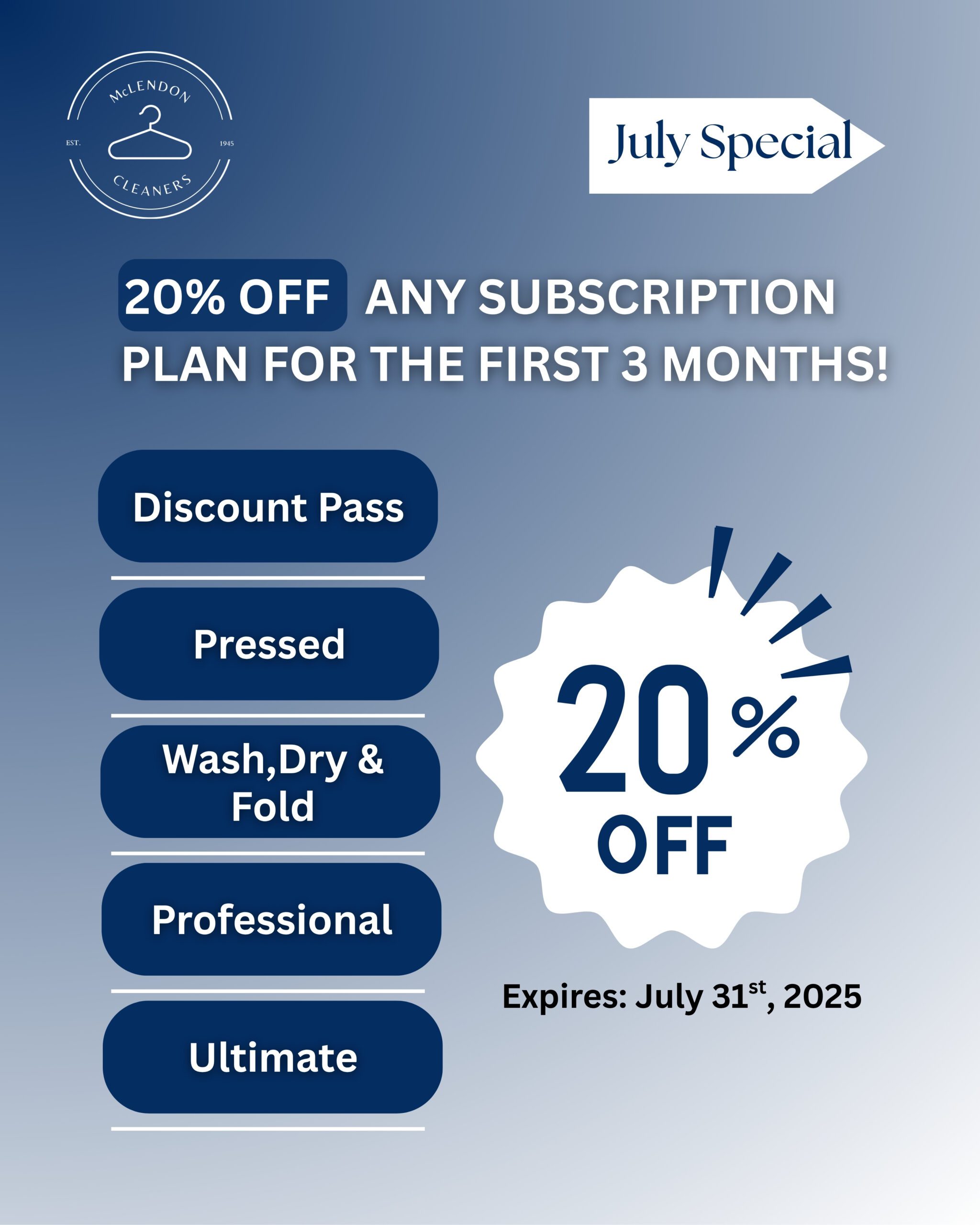 Promotional flyer for Melendon Cleaners offering 20% off any subscription plan for the first 3 months; offer expires July 31, 2025.