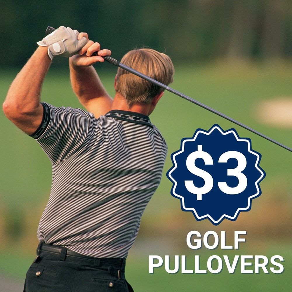 Man swinging a golf club on a course, with text overlay showing "$3 Golf Pullovers" in bold letters.