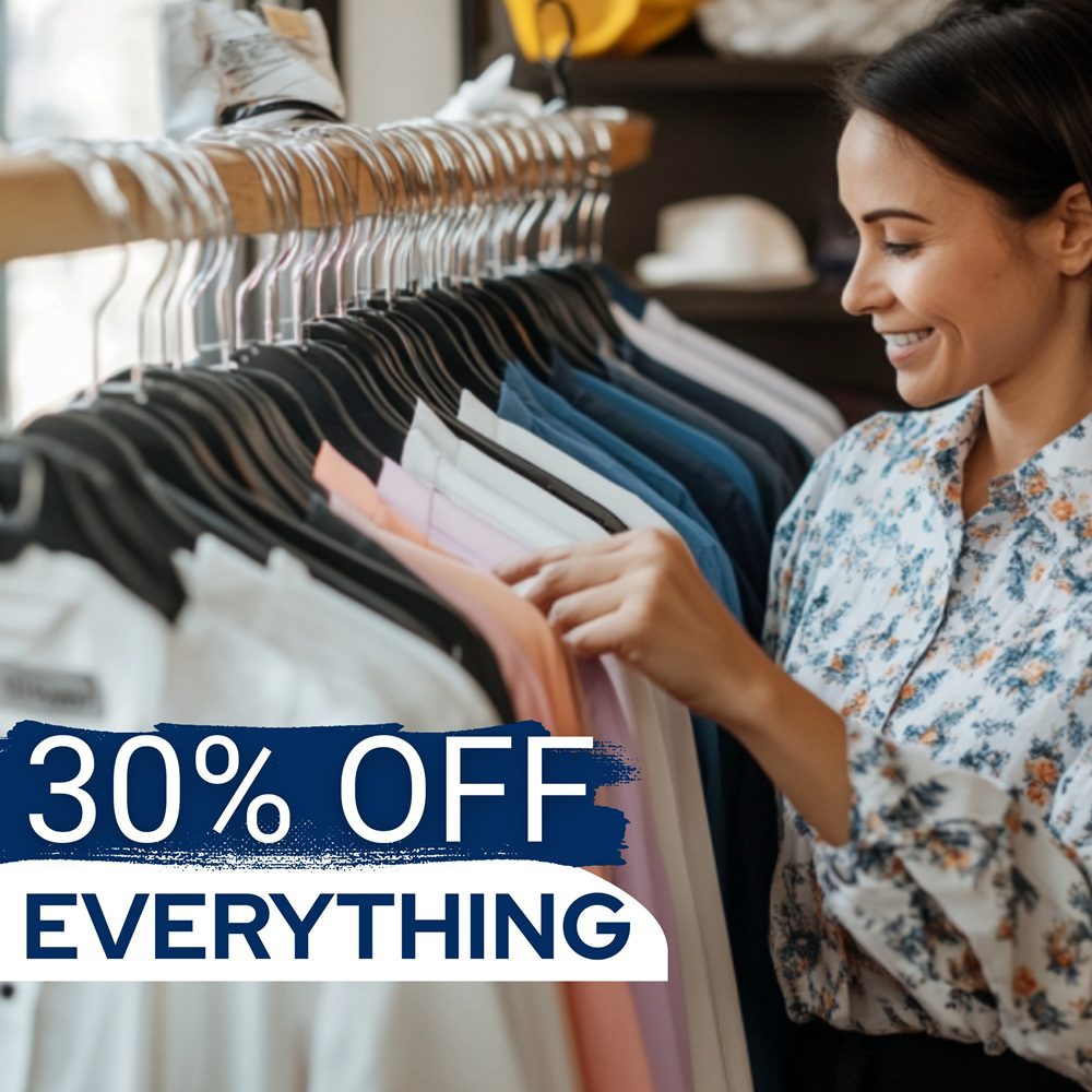 A woman browses shirts on a rack in a clothing store. A sign in the foreground reads "30% OFF EVERYTHING" in bold letters.