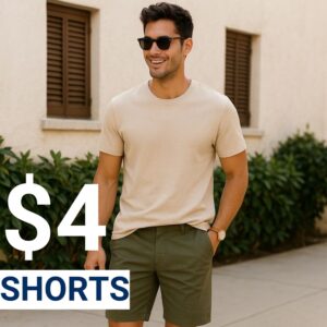A man wearing a beige t-shirt and olive shorts stands outdoors; large text reads "$4 SHORTS.