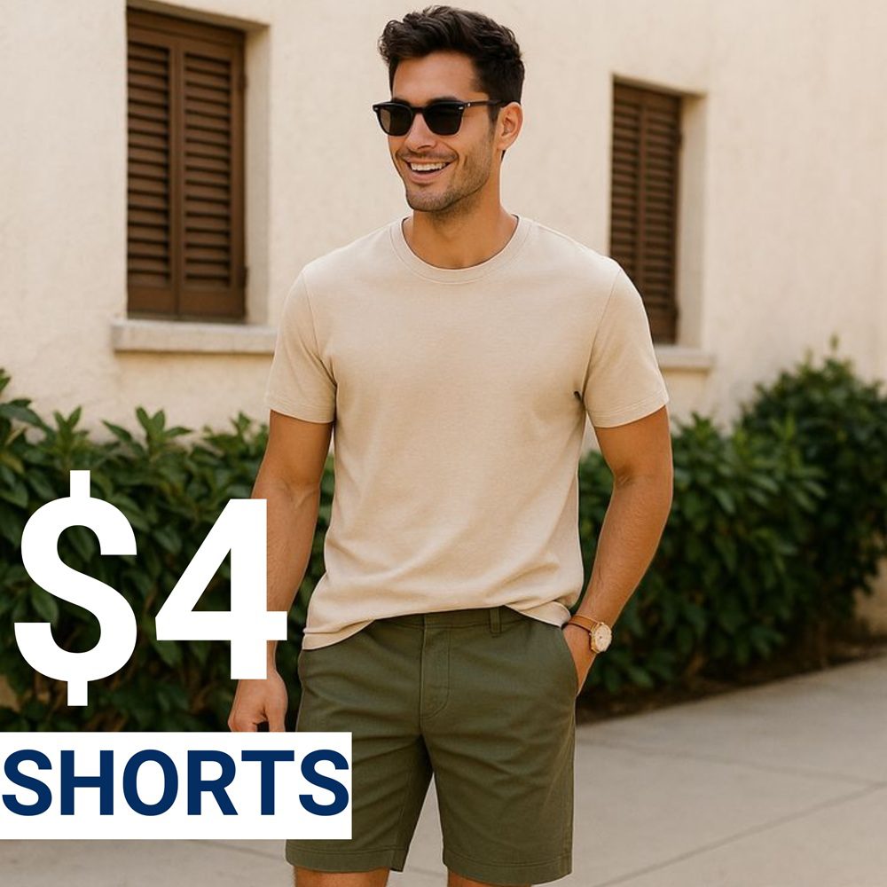 A man wearing a beige t-shirt and olive shorts stands outdoors; large text reads "$4 SHORTS.