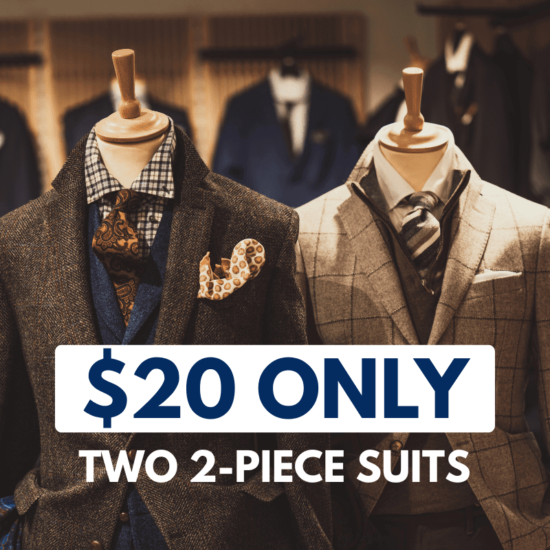 Two mannequins wearing 2-piece suits with ties and pocket squares in a store. Text overlay reads: "$20 ONLY TWO 2-PIECE SUITS.