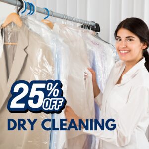 Woman holding dry-cleaned clothes on hangers with plastic covers; text reads "25% off dry cleaning.