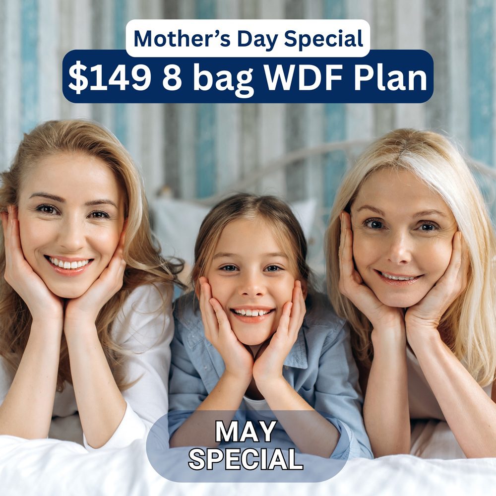 Three females, likely from different generations, smiling and resting their chins on their hands; the image advertises a Mother's Day $149 8 bag WDF Plan and highlights a May special.