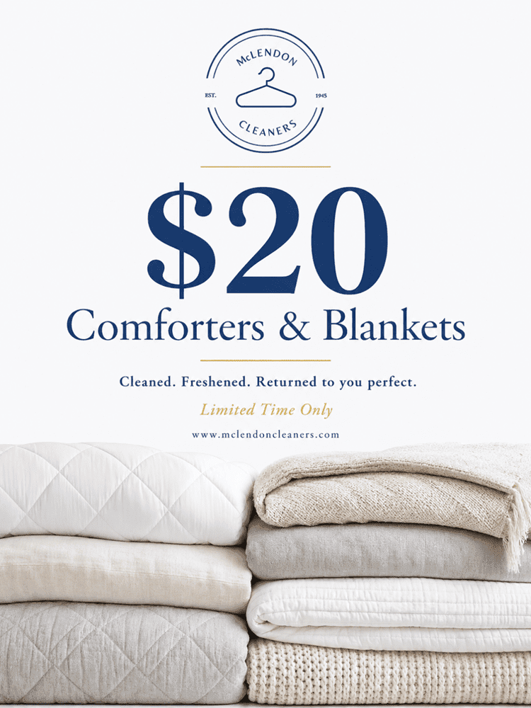 Stacked folded comforters and blankets with text advertising $20 cleaning at McLendon Cleaners, featuring their logo and a limited time offer.