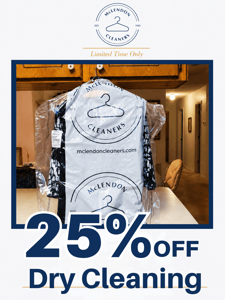 A garment in a plastic cover from McLendon Cleaners sits on a table. Text reads "25% off Dry Cleaning, Limited Time Only.
