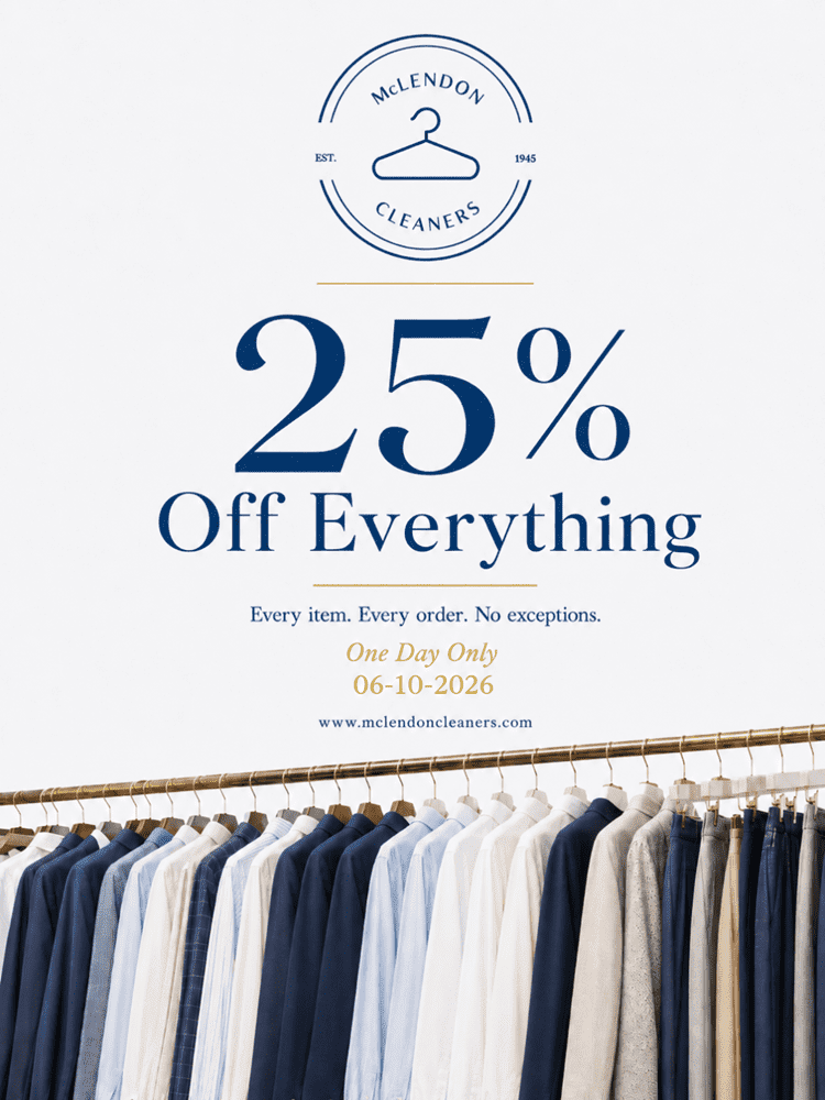A clothing rack with assorted garments below a promotional sign for McLendon Cleaners offering 25% off everything on June 10, 2026.