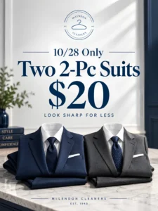 Two men’s suits, one navy and one gray, are displayed on a table with an offer: “Two 2-Pc Suits $20” from McLendon Cleaners for October 28 only.