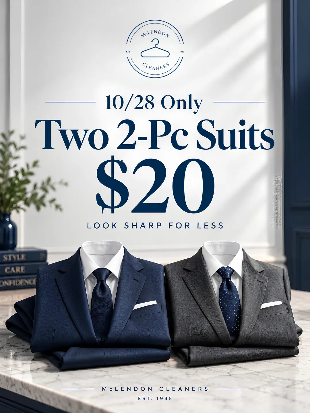 Two men&rsquo;s suits, one navy and one gray, are displayed on a table with an offer: &ldquo;Two 2-Pc Suits $20&rdquo; from McLendon Cleaners for October 28 only.